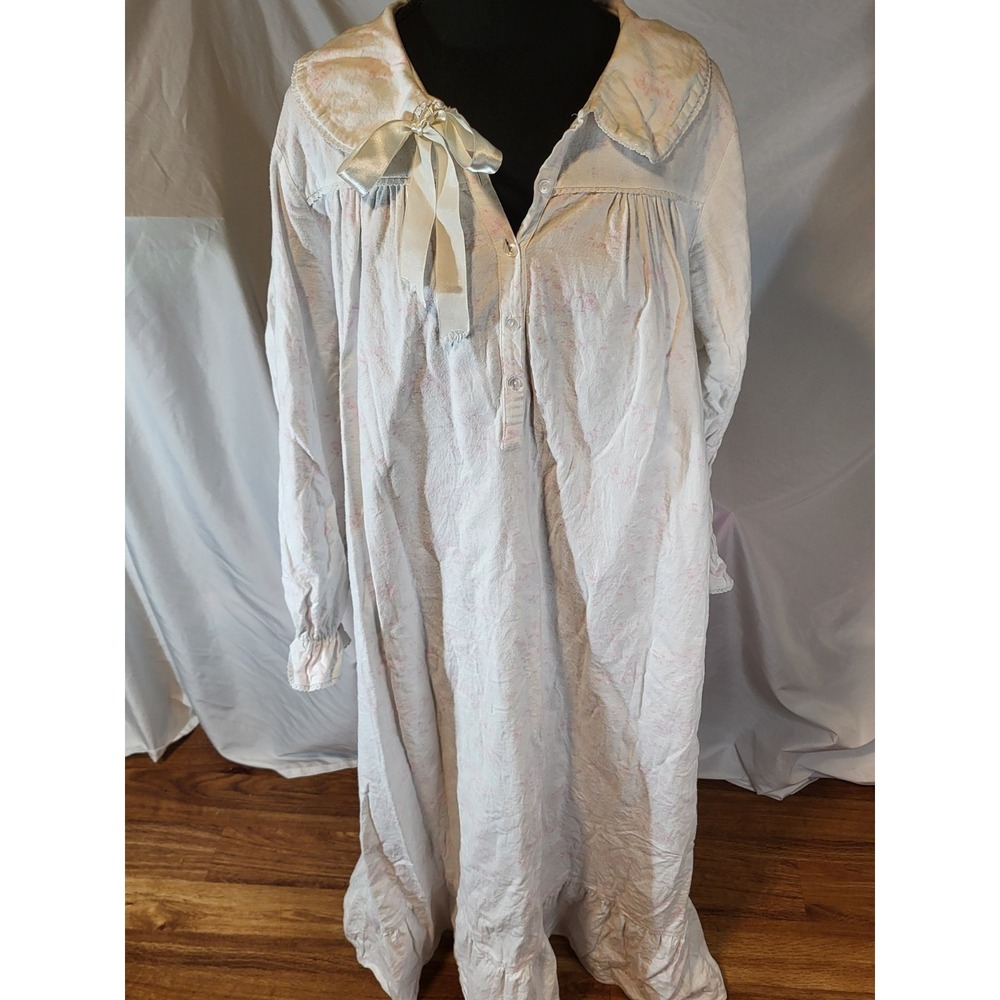 Vtge Cotton Nights Floral 100% Cotton Collared Lace Flannel Nightgown Size M...